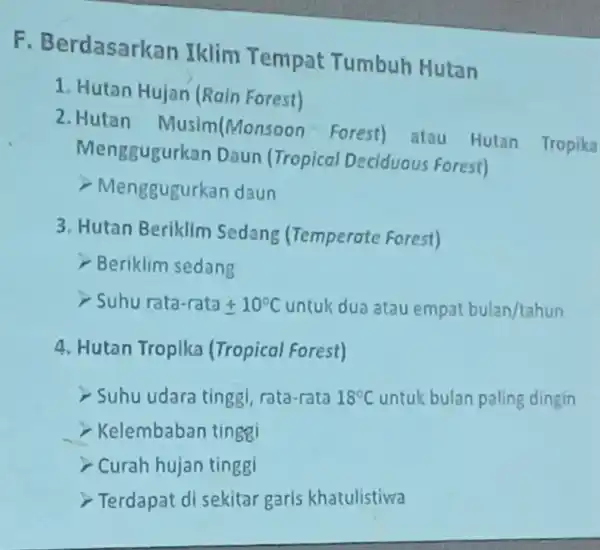 F Berdasarkan xklim Tempat Tumbuh Hutan 1. Hutan Hujan (Rain Forest) 2. Hutan Musim(Monsoon Forest) ) atau Hutan Tropika Menggugurkan Daun Tropical Deciduous Forest)