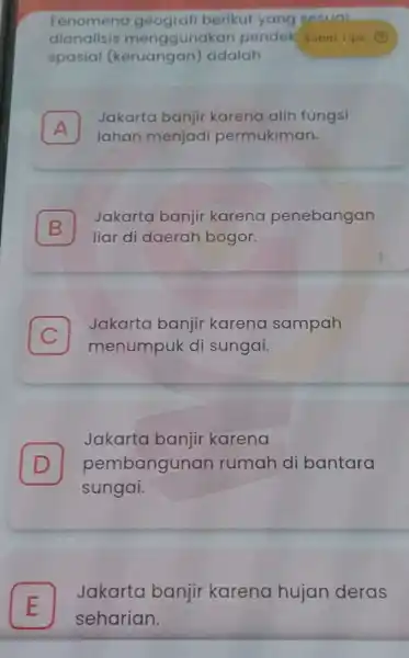 Fenomena geografi berikut yang sesuai dianalisis menggunakan pendek Sobat Tips (2) spasial (keruangan)adalah A lahan menjadi permukiman. Jakarta banjir karena alih fungsi B liar