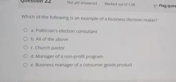 Which of the following is an example of a business decision maker? a. Politician's election consultant b. All of the above c. Church pastor