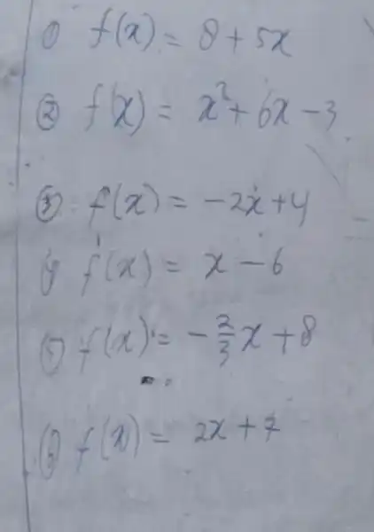 f(x)=8+5x f(x)=x^3+6x-3 3. f(x)=-2x+4 f(x)=x-6 (x)=-(2)/(3)x+8 f(n)=2x+3