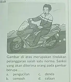 Gambar di atas merupakan tindakan pelanggaran salah satu norma Sanksi yang akan diterima orang pada gambar berupa __ a. pengucilan c. denda b. cemooh