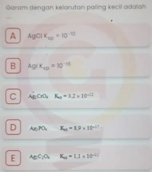 Garam dengan kelarutan paling kecil adalah __ A AgClK_(sp)=10^-10 A B Ag/K_(sp)=10^-16 C Ag_(2)CrO_(4) K_(sp)=3,2times 10^-12 C D I Ag_(3)PO_(4) K_(sp)=8,9times 10^-17 E E