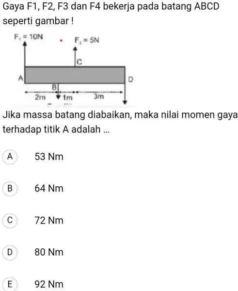 Gaya F1, F2, F3 dan F4 bekerja pada batang ABCD seperti gambar! Jika massa batang diabaikan , maka nilai momen gaya terhadap titik A