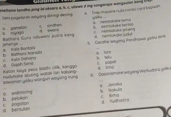 GELINGD enehana tandha ping (x)aksara a, b, c utawa d ing sangarepe wangsulan kang trep. Seni pagelaran wayang diiringi dening __ a. gamelan c.