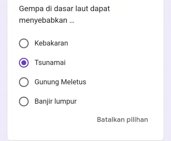 Gempa di dasar laut dapat menyebabkan __ Kebakaran Tsunamai Gunung Meletus Banjir lumpur