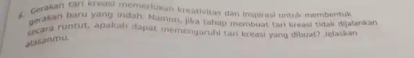 Gerakan baru yang Indah. Namun membuat tari kreasi tidak dijalankan 5. Gerakan tari kreasi memerlukan kreativitas dan inspirasi untuk membentuk secara runtut apakah dapat