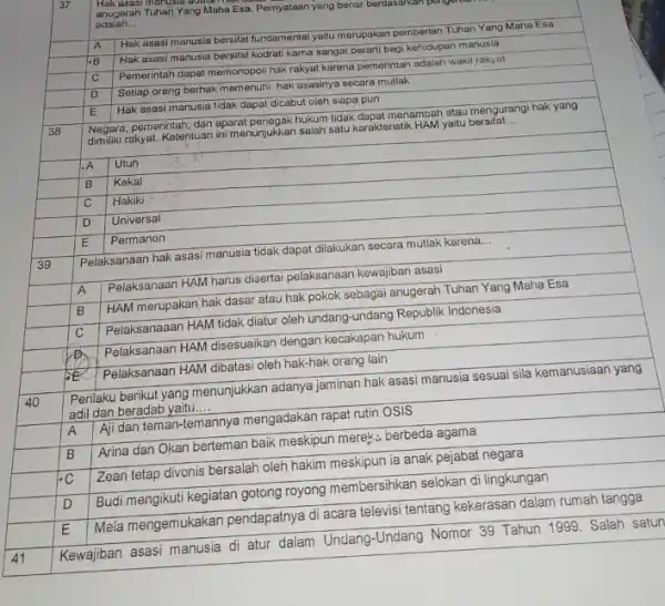 Hak asasi manusia dolalan har, anugerah Tuhan Yang Maha Esa. Pernyataan yang benar berdasarkan pongent adalah __ square Hak asasi manusia bersifat fundamental yaitu