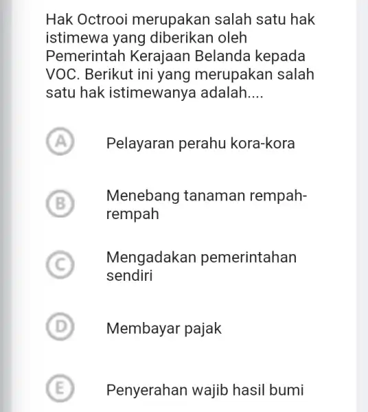 Hak Octrooi merupakan salah satu hak istimewa yang oleh Pemerintah Kerajaan Belanda kepada VOC. Berikut ini yang merupakan salah satu hak istimewan ya adalah