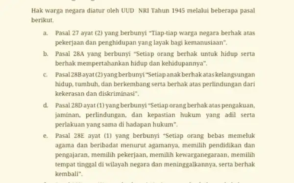 Hak warga negara diatur oleh UUD NRI Tahun 1945 melalui beberapa pasal berikut. a. Pasal 27 ayat (2) yang berbunyi "Tiap-tiap warga negara berhak