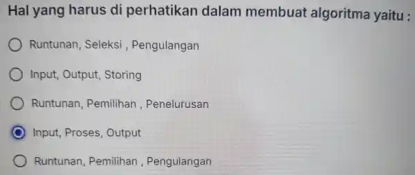 Hal yang harus di perhatikan dalam membuat algoritma yaitu : Runtunan , Seleksi , Pengulangan Input Output , Storing Runtunan Pemilihan Penelurusan Input Proses