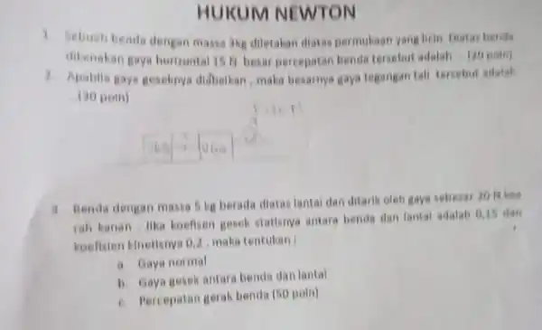 HUKUM NEWTON 1. Sebuah benda dengan massa 3kg diletakan diatas permukaan yang hein Distas benda dikenakan gaya horizontal 15 N. besar percepatan benda tersebut