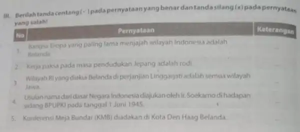 III. Berilahtanda centang (surd ) padapernyataanyang benardan tandasilang (x) padapernyataan yang salah! 5. Konferensi Meja Bundar (KMB) diadakan di Kota Den Haag Belanda.