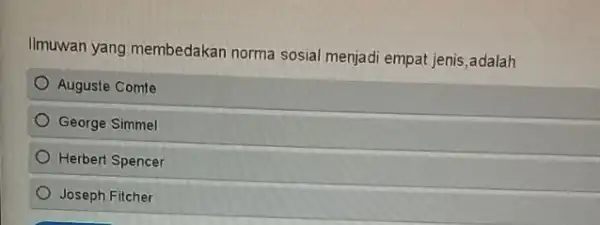 Ilmuwan yang membedakan norma sosial menjadi empat jenis,adalah Auguste Comte George Simmel Herbert Spencer Joseph Fitcher