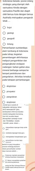 Indonesia berada posisi silang strategis yang diampit oleh samudera Hindia dengan samudera Pasifik dan diapit oleh benua Asia dengan benua Australia merupakan pengaruh letak