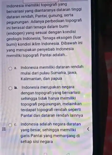 Indonesia memiliki topografi yang bervariasi yang diantaranya dataran tinggi dataran rendah , Pantai, gunung, serta pegunungan. Adanya perbedaan topografi ini berasal dari tenaga dalam