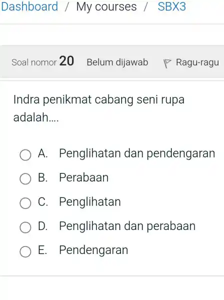 Indra penikmat cabang seni rupa adalah __ A . Penglihata n dan pendengaran B . Perabaan C . Penglihatan D . Penglihatan dan perabaan