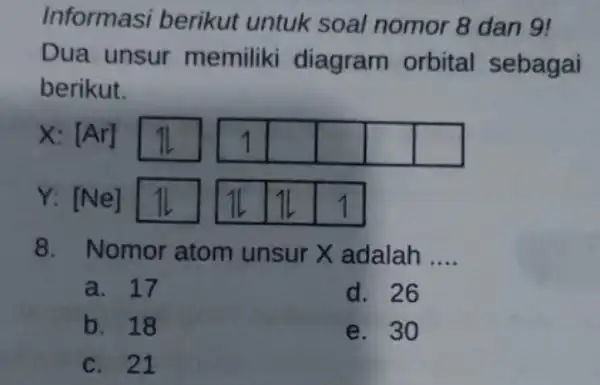 Informasi berikut untuk soal nomor 8 dan 9! Dua unsur memiliki diagram orbital sebagai berikut. square square square square square 8. Nomor atom unsur