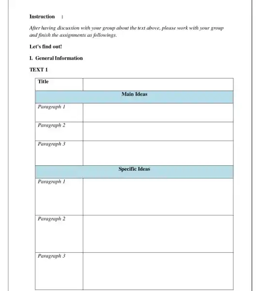 Instruction After having discussion with your group about the text above, please work with your group and finish the assignments as followings. Let's find