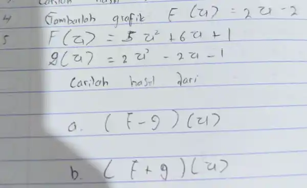 Jambalah grafik [(a)=2a-2 F(a)=5a^2+6a+1 g(a)=2a^2-2a-1 Carilah hasil dari a. (F-9)(u) b. (F+9)(a)