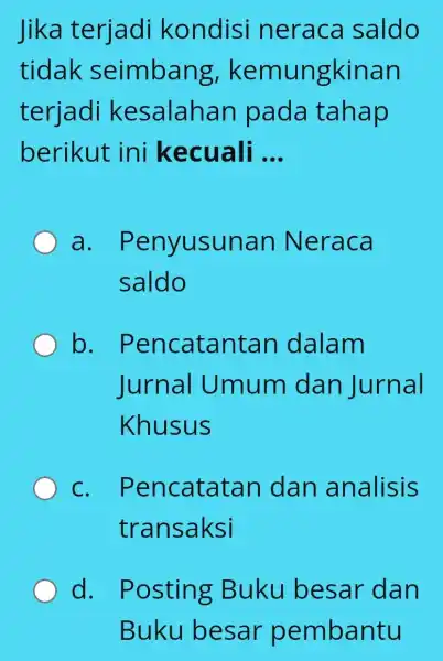 Jika terjadi kondisi neraca saldo tidak seimban g, kemungkinan terjadi kesalahan pada tahap berikut ini kecuali __ a . Penyusunan Neraca saldo b .