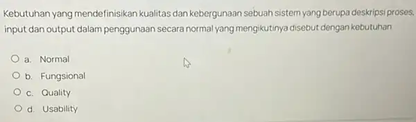 Kebutuhan yang mendefinisikan kualitas dan kebergunaan sebuah sistem yang berupa deskripsi proses, input dan output dalam penggunaan secara normal yang mengikutinya disebut dengan kebutuhan