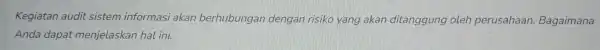 Kegiatan audit sistem informasi akan berhubungan dengan risiko yang akan ditanggung oleh perusahaan Bagaimana Anda dapat menjelaskan hal ini.