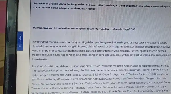 Kemukakan analisis Anda tentang artikel di bawah dikaitkan dengan pembangunan kultur sebagai suatu rekayasa social, dilihat dari 3 tahapan pembangunan kultur Membudayakan Infrastruktur Kebudayaan