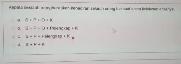 Kepala sekolah mengharapkan kehadiran seluruh orang tua saat acara kelulusan anaknya. a S+P+O+K b S+P+O+Pelengkap+K C S+P+ Pelengkap +K d. S+P+K