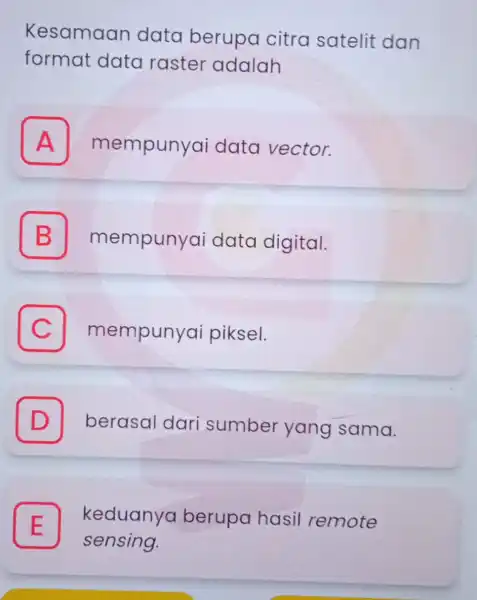 Kesamaan data berupa citra satelit dan format data raster adalah A mempunyai data vector. A B mempunyai data digital. C mempunyai piksel. D berasal