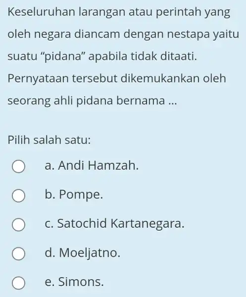 Keseluru han larangan atau perintah yang oleh negara diancam dengan nestapa yaitu suatu "pidana" apabila tidak ditaati. Pernyata an tersebut dikemukankar I oleh seorang