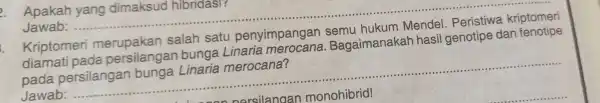 Kriptomeri salah satu penyimpangan diamati pada persilangan bunga Linaria Bagaimanakah hasil genotipe dan pada persilangan bunga Linaria merocana? Jawab: __ 2. Apakah yang dimaksud