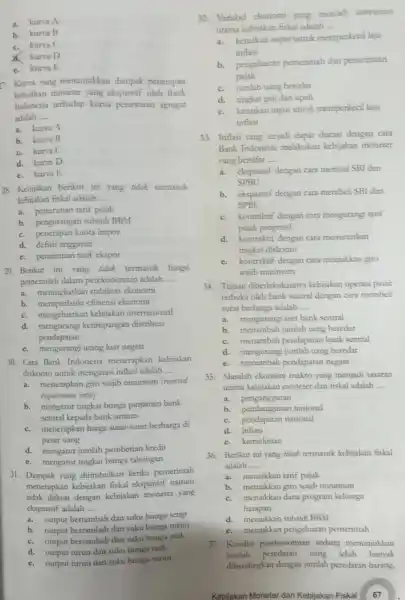 a. kurva A b. kurva B c. kurva C kurva D c. kurva E 27. Kurva yang menunjukkan dampak penerapan kebijakan moneter yang ekspansif