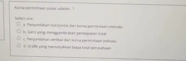 Kurva permintaan pasar adalah __ Select one: a. Penjumlahan horizontal dari kurva permintaan individu b. Garis yang menggambrakar pendapatan total c. Penjumlahan vertikal dari