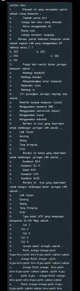 Latiban Soal Dibawah ini yang merupakan syarat sebuah ruang komputer __ biru Cahaya dan suhu ruang memadai C. Harus menggunakan AC d. Ruang luas.