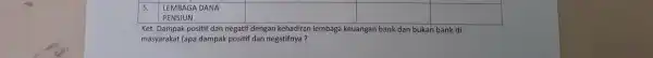 LEMBAGA DANA square square square PENSIUN Ket. Dampak positif dan negatif dengan kehadiran lembaga keuangan bank dan bukan bank di masyarakat (apa dampak positif