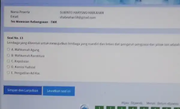 Lembagayang dibentuk untuk menujuskan lembaga yang mandindan berbas dari pengaruh penguwa dan pilusk lain adalah A. Mahkamah Agung B. Mahkamah Konstitusi C. Kepolisian D.