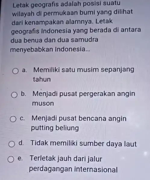 Letak geografis adalah posisi suatu wilayah di permukaan bumi yang dilihat dari kenampakan alamnya. Letak geografis Indonesia yang berada di antara dua benua dan