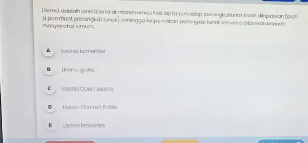 Lisensi adalah jonis lisonsi di manasemua hak cipta terhadap perangkatlunak tolah dilopaskan (oloh si pombuat porangkat lunak)sohingga ko pomilikan porangkat lunak torsebut diborikan kopada