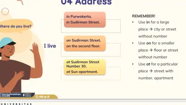 here do you live? I live in Purwokerto. in Sudirman Street. on Sudirman Street. on the second floor. at Sudirman Street Number 30. at