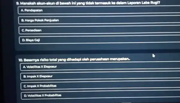 Manakah akun-akur dibawahinly yang tidaktaman!the dalam Lasoron Laba Rugh? A. Pendapatan B. Harga Polok Penjualan C. Persediaan D. Blaya Gall 10. Besarnya risiko total