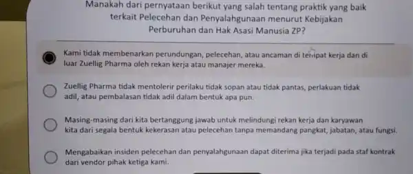 Manakah dari pernyataan berikut yang salah tentang praktik yang baik terkait Pelecehan dan Penyalahgunaan menurut Kebijakan Perburuhan dan Hak Asasi Manusia ZP? C Kami