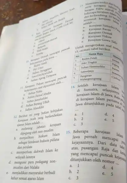 Maneur Syah pertanin __ a. -meri c. Belanda d Bei Sanga d. Jepang d. met mencapai puncak __ bejayaanny Fatah b. Pati Unin Trenggono