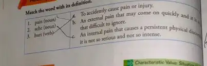 Match the word with its definition. 1. pain (noun) 2 ache (noun) 3. hurt (verb) To accidently cause pain or injury. b. pain that