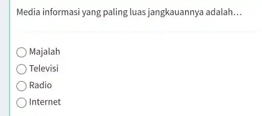 Media informasi yang paling luas jangkauannya adalah __ Majalah Televisi Radio Internet