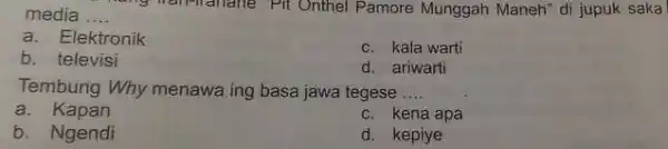 media __ mang han-lanane "Pit Onthel Pamore Munggah Maneh" di jupuk saka a. Elektronik b. televisi c. kala warti d. ariwarti Tembung Why menawa