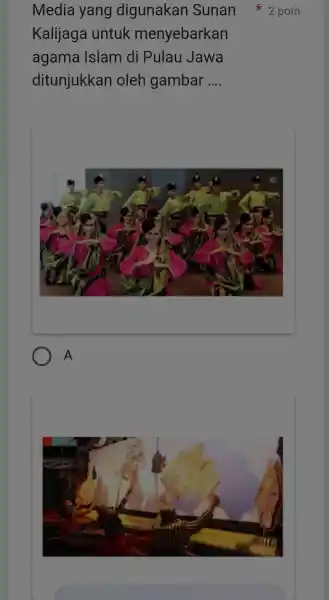 Media yang digunakan Sunan Kalijaga untuk menyebarkan agama Islam di Pulau Jawa ditunjukkan oleh gambar __ A 2 poin