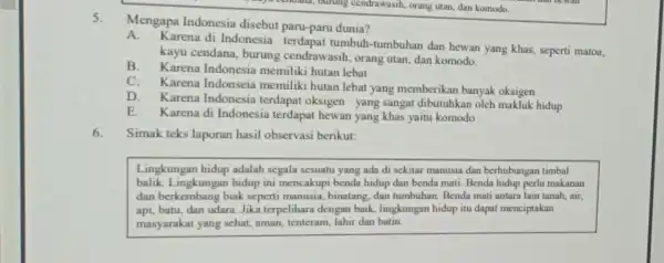 Mengapa Indonesia disebut paru-paru dunia? A.Karena di Indonesia tumbuh-tumbuhan dan hewan yang khas seperti matoa, kayu cendana burung cendrawasih , orang utan, dan komodo.