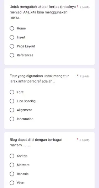 menjadi A4), kita bisa menggunakan menu __ Untuk mengubah ukuran kertas (misalnya 2 points Home Insert Page Layout References jarak antar paragraf adalah __