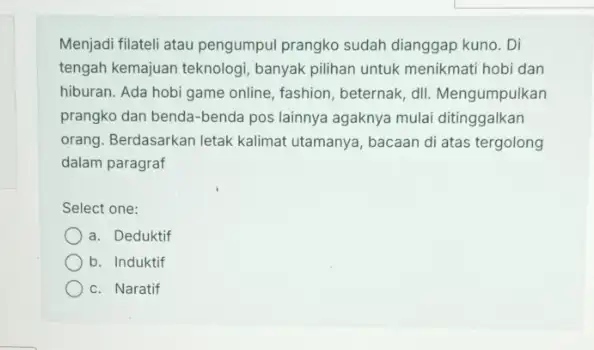 Menjadi filateli atau pengumpul prangko sudah dianggap kuno . Di tengah kemajuan teknologi banyak pilihan untuk menikmat hobi dan hiburan. Ada hobi game online,