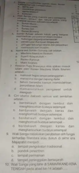 menyebarkan agama islam Bunan Kaliaga baryak menggunakan __ a. ajaran sufi b. mendirikan pesantren c. ajaran tasawuf d. kesenian 4. Wali Sanga yang memilih